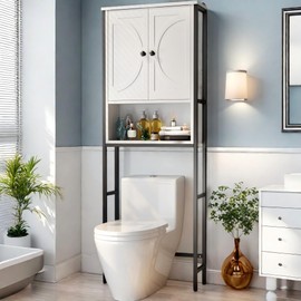 infurnic Over The Toilet Storage Cabinet, Farmhouse Toilet Cabinet Bathroom Organizers with Adjustable Shelves Anti-Tip Device for Bathroom, Laundry Room&Small Space, White