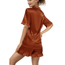 WJing Yi Jia Womens Silk Pajamas Set XS-4XL Button Down Satin Pajama Sets Silky Pj Set Ruffle Sleepwear Lounge Set Nightwear