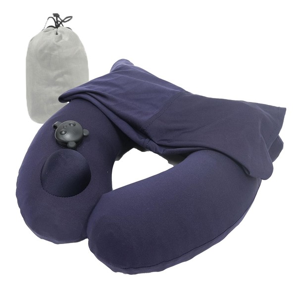 MRG Neck Pillow, Hooded, Travel, Convenient Goods, Airplane, Air, Air, Neck Pillow, 2-Way, U-Shaped, Portable Pillow, Built-in Pump, Compact, Foldable, Washable, Air Pillow, Air Cushion, Eye Mask Function, Blindfold, Storage Bag, Breathable, Non-stuffy, 