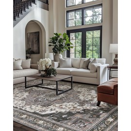BEIMO Area Rugs for Living Room 5x7 Machine Washable Rug, Boho Vintage Retro Large Floral Medallion Carpet for Bedroom Dining Room, Low Pile Lightweight Thin Chenille Non Slip Rug，Dark Grey