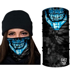 "Fast Mask Tubular Bandana Face Mask, Tubular Bandana Blue Skull Design, Breathable Fabric, 100% Polyester Microfiber Face Protection with SPF 40 for Men and Women - (Blue Skull Neck Gaiter)"