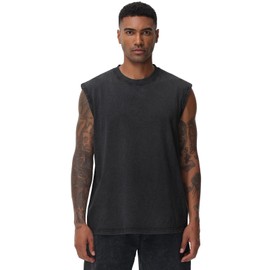 SnowElve 3 Pack Mens Workout Tank Tops Sleeveless Tee Shirts Men Muscle Shirt Gym Acid Wash T Shirts Running Beach Loose Fit Tee(CFGYBK,L)