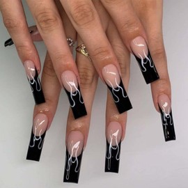 DANMANR Long Press on Nails Square French Fake Nails Full Cover Nude Acrylic False Nails for Women and Girls 24PCS (Black Coffin)