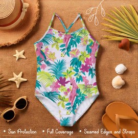 Tommy Bahama Girl's One Piece Swimsuit and Cover Up Set - Tropical Print Bathing Suit and Zip-Up Hooded Cover Up Bundle for Kids and Toddlers (Green, Size 8)
