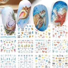 Summer Nail Art Sticker Ocean Water Ttransfer Nail Stcikers Deca Shells Starfish Seaweed Crabs Other Lovely Oceans Nail Design for Women Girls Nail Art Supplies Manicure Decor 12 Sheets (Ocean)