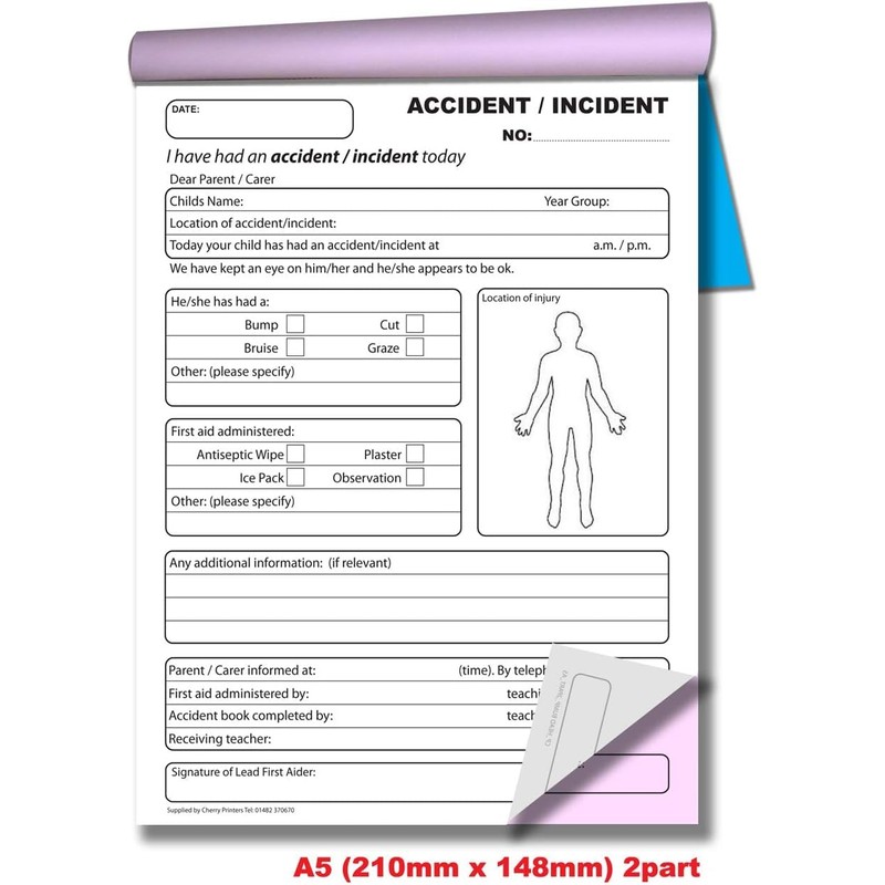 Cherry Carbonless NCR School Accident/Incident Duplicate Book for Pupils A5