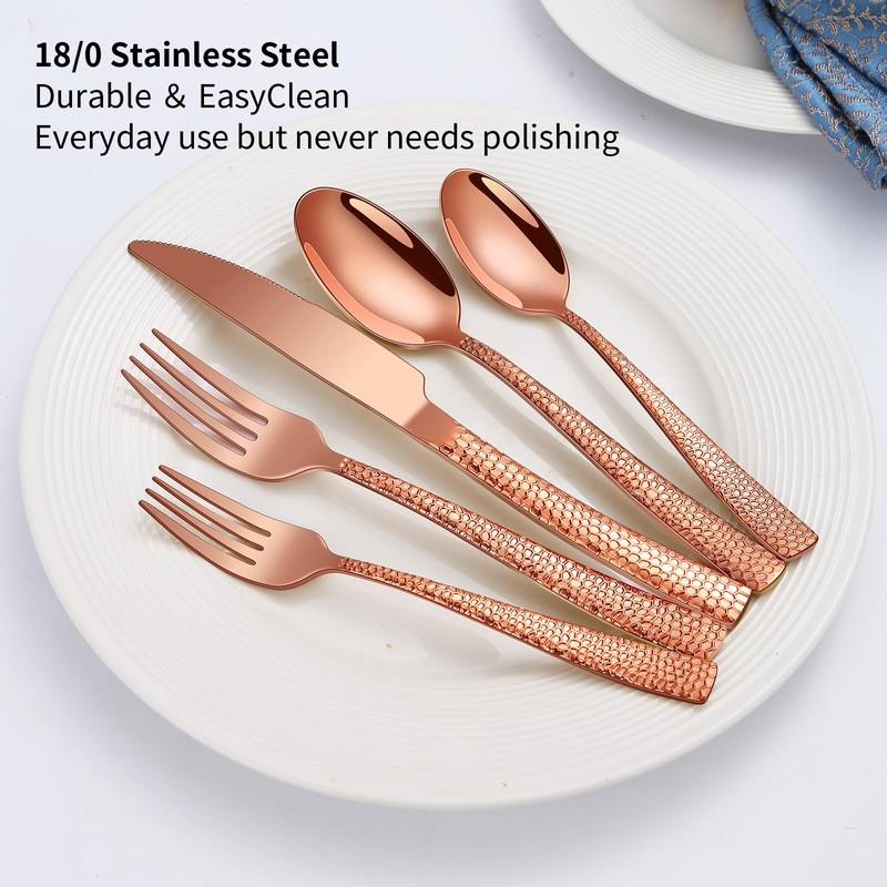 45-Piece Silverware Set with Serving Utensils Set, Rose Gold Hammered