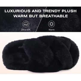 COFACE Women's Fluff Slippers Open Toe Fuzzy Faux Fur Ladies House Fashion Cross Band Platform Slide Shoes with Comfort Arch Support, Indoor Outdoor Sole, Black Size 8