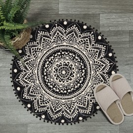 KIMODE Boho Round Rug 90cm, Non Slip Area Rugs for Bedroom Mandala Soft Machine Washable Rugs Living Room Indoor Mat Entryway Rug Non Shedding Boho Rug for Bedroom Living Dining Room (Black)