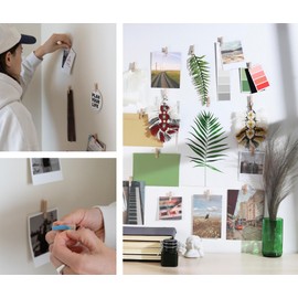 20 Pack Mini Self Adhesive Clips for Pictures - Beige Wood Clip Photo Holders for Wall, Poster Hanger, Photo Cards Hanging Display Board & Picture Boards, Artwork Photos Holders Hangers Room Decor