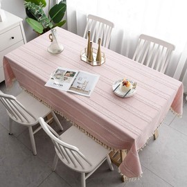 Wondder Cotton Linen Table Cloth Tassel Tablecloth for Party Banquet Dining Table Cover (Pink striped hollow, 140x140cm(55x55inch))