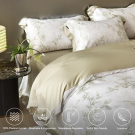 OTOB 100% Lyocell Duvet Cover Queen Size 3 Pieces, Floral Cooling Breathable Duvet Covers Soft Silky Reversible, Luxury Queen Bedding Set with Zipper Closure, 2 Pillow Shams