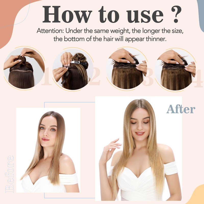 S-noilite Clip-In Real Hair Extensions, Light Brown, Real Human Hair,