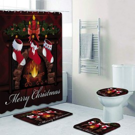 SUNGFINE 4 PCS Christmas Shower Curtain Bathroom Decorations Set, Xmas Curtains Decoration with Toilet Seat Cover Rug Sets Bath Mats Décor with Bows Bell Garlands Santa Stockings