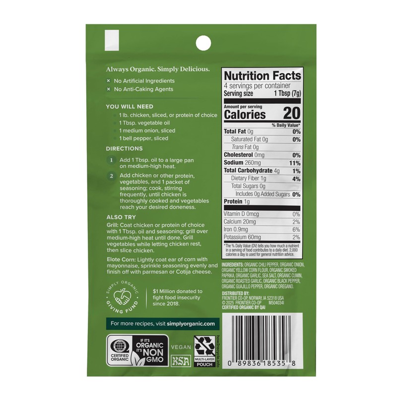 Simply Organic Fajita Seasoning Mix, 1 oz, Pack of 12