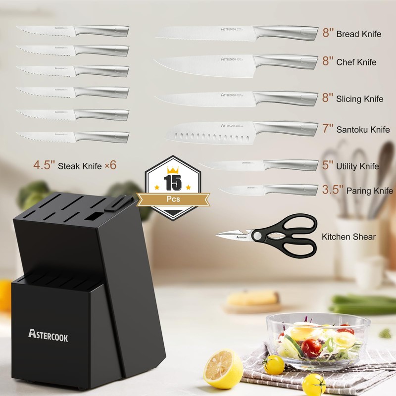 Astercook Knife Set Kitchen with Block and Sharpener Full Tang