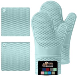 GORILLA GRIP BPA-Free Soft SIlicone Oven Mitts and Potholder Set of 4, Heat Resistant Hot Pads, Thick Cotton Lined Cooking Mitt, Long Gloves Protect Hands, Kitchen Waterproof Trivet Mats, 12.5 in Mint