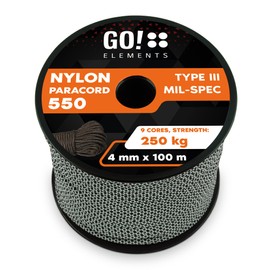 GO!elements 100 m Paracord Rope Made of Tear-Resistant Nylon Cord - 4 mm Paracord 550 Type III Cord - All-Purpose Rope and Cord - Max. 250 kg, Colour: Black/White