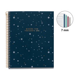 Miquelrius - Notebook A5 (148 x 210 mm), Horizontal Stripes 7 mm, 120 Sheets of 70 g/m², Cardboard Cover with Gold Details, 4 Colour Stripes, Copper Spiral, Midnight Secrets Collection
