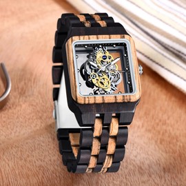Tiong Men's Wooden Watch Wood Bamboo Rectangular Hollow Skeleton of the Gear Men's Watches Analogue Quartz Wooden Watches for Men, Wq1010-Brown, Retro