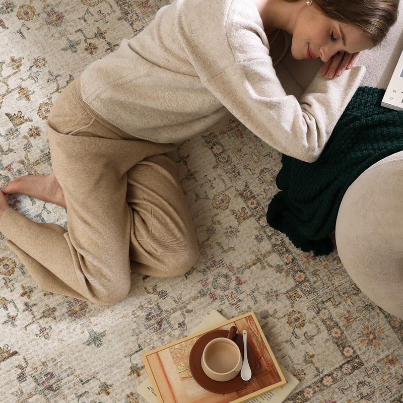 DEXI Living Room Area Rug 4x6,Washable Rugs Carpet,Non Slip Beige