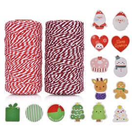 OITUGG 2 Rolls of Bakers Twine Red White - Cord Christmas with 14 Pieces Christmas Gift Tags - String Crafts for Christmas Crafts Tags Cards - 200 m / 656 Feet String Christmas