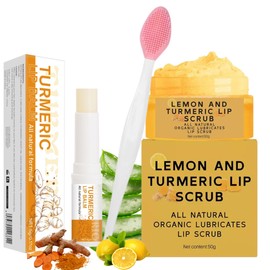 ZBMCYHCXH 3PCS Turmeric and Lemon Lip Scrub & Turmeric Lip Balm with Brush Set, Eliminate Lip Fine Lines, Lip Scrubber Exfoliator, Natural Nourish Sugar Lip Scrub for Dry, Dull Chapped, Dark Lips