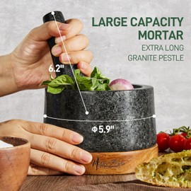 MarcZero 6inch Large Mortar and Pestle Set with Anti-Scratch Wooden Base,Heavy Duty Mortar and Pestle Made of Natural Granite(Black)