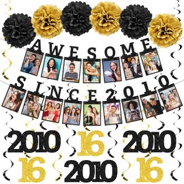 Awesome Since 2010 Photo Banner, Black Gold Sweet 16 Party Decor Set