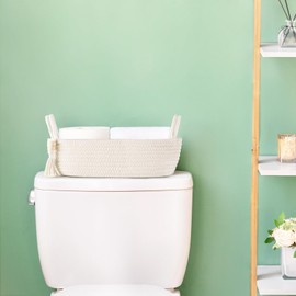 Mkono Small Storage Basket for Toilet Tank Top Boho Bathroom Decor Woven Rope Toilet Paper Tray Back of Toilet Organizer for Shelf Bedroom Living Room, White, 1 Pack, 13" L x 6" W