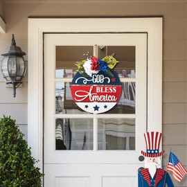 Glitzhome 4th of July Welcome Door Sign Independence Day Patriotic Door Hanger Sign Round Wood Wreath Hanging Sign