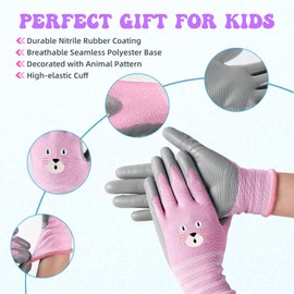 ANDANDA Kids Gardening Gloves for Age 7-9, Nitrile Coated Children Yard Work Gloves with Grip, Seamless Knitted Nylon Suitable for Toddlers, Children, Girls, Boys, Pink, 6 Pairs, Size 5/L