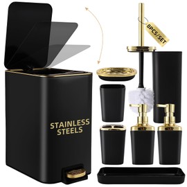 XLHOMO Black Bathroom Accessories 8 Piece Black and Gold Bathroom Set, Bathroom Accessories with Stainless Steel Bathroom Trash Can,Toilet Brush,Toothbrush Set,Soap Dispenser