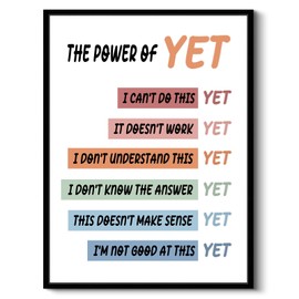 "The Power of Yet" Modern Inspirational Framed Canvas Wall Art, Uplifting 12"x16" Motivational Colorful Wall Decor, Positive Affirmation Encouraging Quote Art Office Classroom Home School
