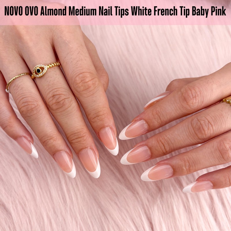 NOVO OVO White French Tip Almond Nail Tips Press on