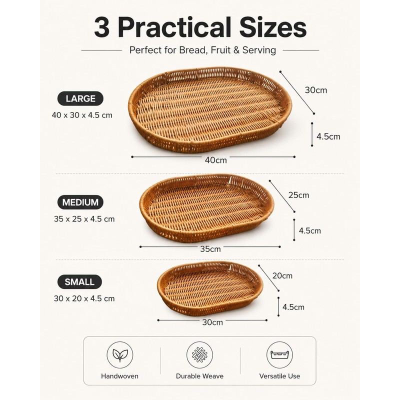 Woven Bread Basket, 3 Pack Wicker Fruit Baskets Rattan Bread