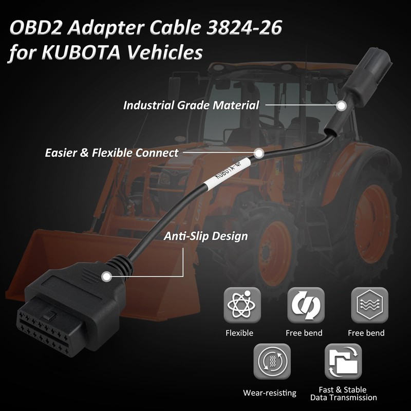 OBD2 Adapter Cable for Kubota Vehicles, 4 Pin to 16
