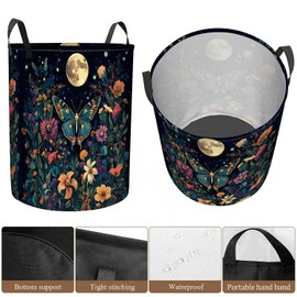 Moon Butterfly Wildflower Laundry Basket Foldable with Handles Tote Bag Oxford Cloth Funny Animal Laundry Hamper Clothes Storage Bucket Toy Organizer 19.7" X 15.7" for Bathroom Bedroom Nursery
