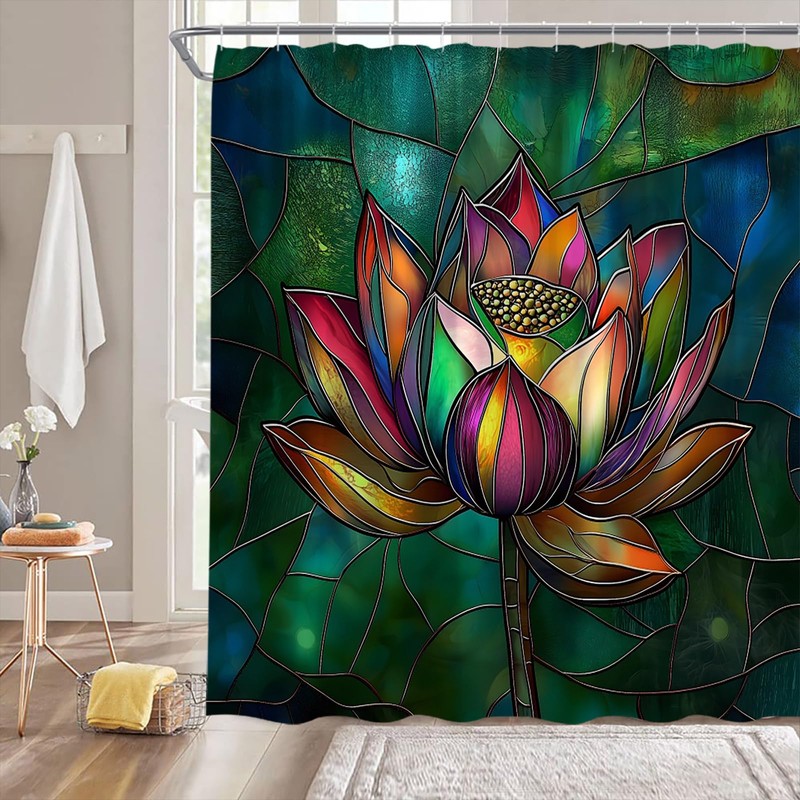 Vintage Stained Glass Shower Curtain for Bathroom,70x70 Inch,with Hooks