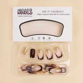 SHELWIN French Press On Nails Ready-To-Wear DIY Manicure Stick On Nails kit for Women 24 Pcs Short Medium Coffin Almond Shaped False Nails Gifts（Morning Coffee）