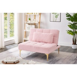 35.5" Convertible Single Sofa Chair, Small Futon Chair with Adjustable Backrest, Comfy Armless Accent Chair with Pillow, Modern Mini Couch Bed with Gold Metal Legs for Living Room, Bedroom, Pink