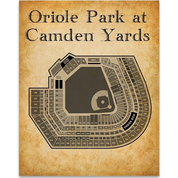 Oriole Park at Camden Yards of Baltimore Baseball Seating Chart - 11x14 Unframed Art Print - Great Sports Bar Decor and Gift Under $15
