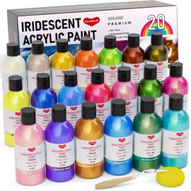 Smallbudi 20 Colors Iridescent Acrylic Paint, 8.45oz/250ml Large Bulk Metallic Acrylic Paint, Color Shifting Non-Toxic Art Painting Supplies on Multi Surface Canvas Fabric Rock Craft with Color Wheel