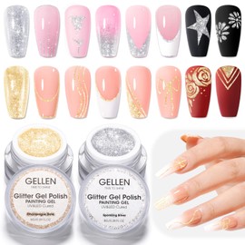 GELLEN Glitter Painting Gel Nail Polish Platinum Glitter Champagne Golden & Sparkling Silver Drawing Shimmer Floral Painted Liner Soak Off UV Lamp Cured for Salon DIY Painting Nail Art 2Pcs 8G