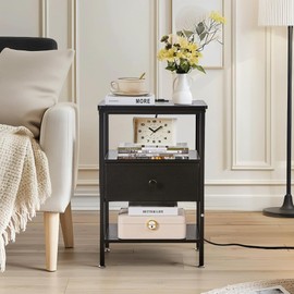 VECELO Nightstand Set of 2 with Charging Station, End Side Table with Fabric Drawer, 2 USB Ports & AC Outlets, Open Storage Shelf, Ideal for Bedroom Living Room