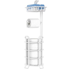 TomCare Toilet Paper Holder Stand with Shelf 4 Raised Feet Upgraded Free Standing Toilet Paper Roll Storage with Tissue Paper Dispenser Metal Bathroom Storage Organization (White)
