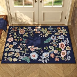 Vowkten Door Mat Indoor Entrance 2x3 Rug Machine Washable Vintage Vibrant Floral Small Area Rug Non-Slip Low Pile Throw Rugs for Entryway, Kitchen, Front Door, Entry, Kids Room (Cobalt Blue)