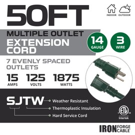 Iron Forge Cable 50 ft Heavy Duty Extension Cord with 7 Evenly Spaced Power Outlets, 14/3 Weatherproof Outdoor Extension Cord with Multiple Outlets for Outside, 15 AMP Green Power Cable 14 AWG