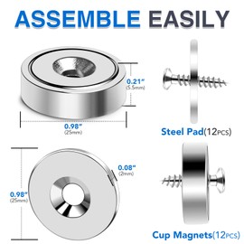 MIKEDE 12Pack Strong Neodymium Cup Magnets, 70Lbs+ Force Heavy Duty Round Base Cup Magnets with Countersunk Hole, Powerful Industrial Rare Earth Magnets with Screw for Mounting, 0.98x0.22inch