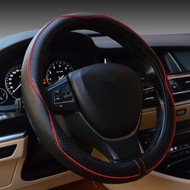 Rsept Funda para volante de coche, antideslizante, seguridad, suave, transpirable, resistente, gruesa, envolvente completa, estilo deportivo (negro con línea roja)
